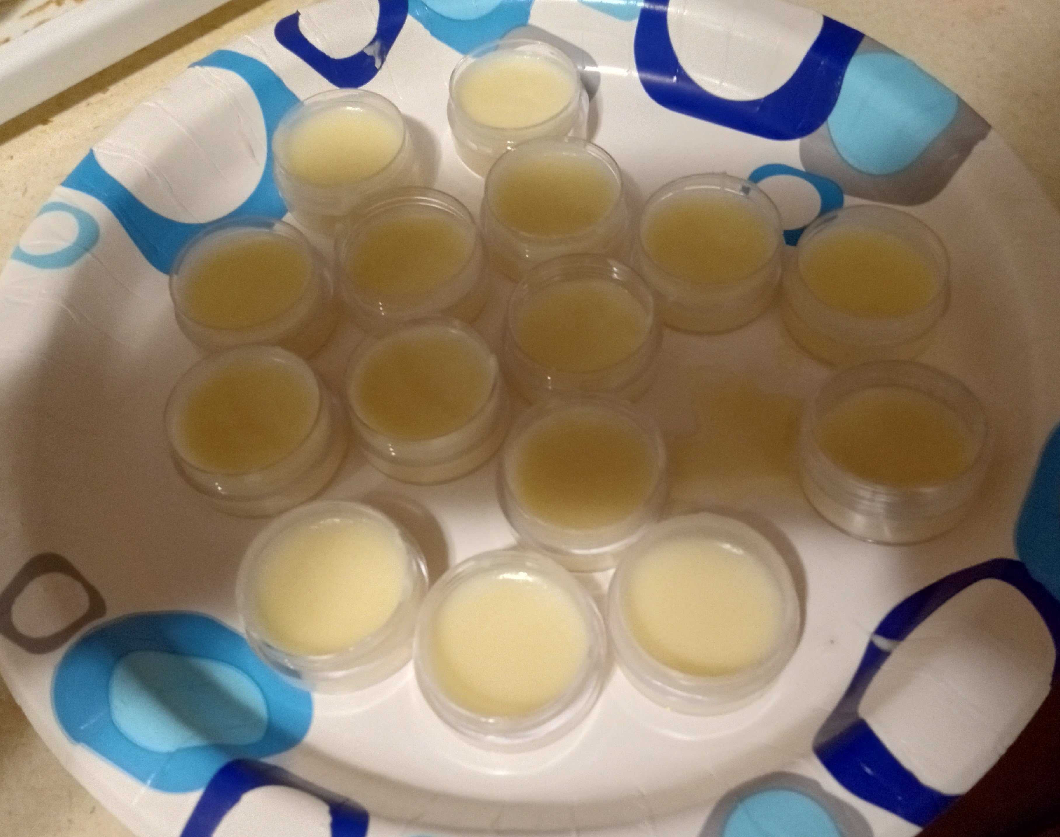 brand new lip balm product. 18 lip balms on a paper plate.