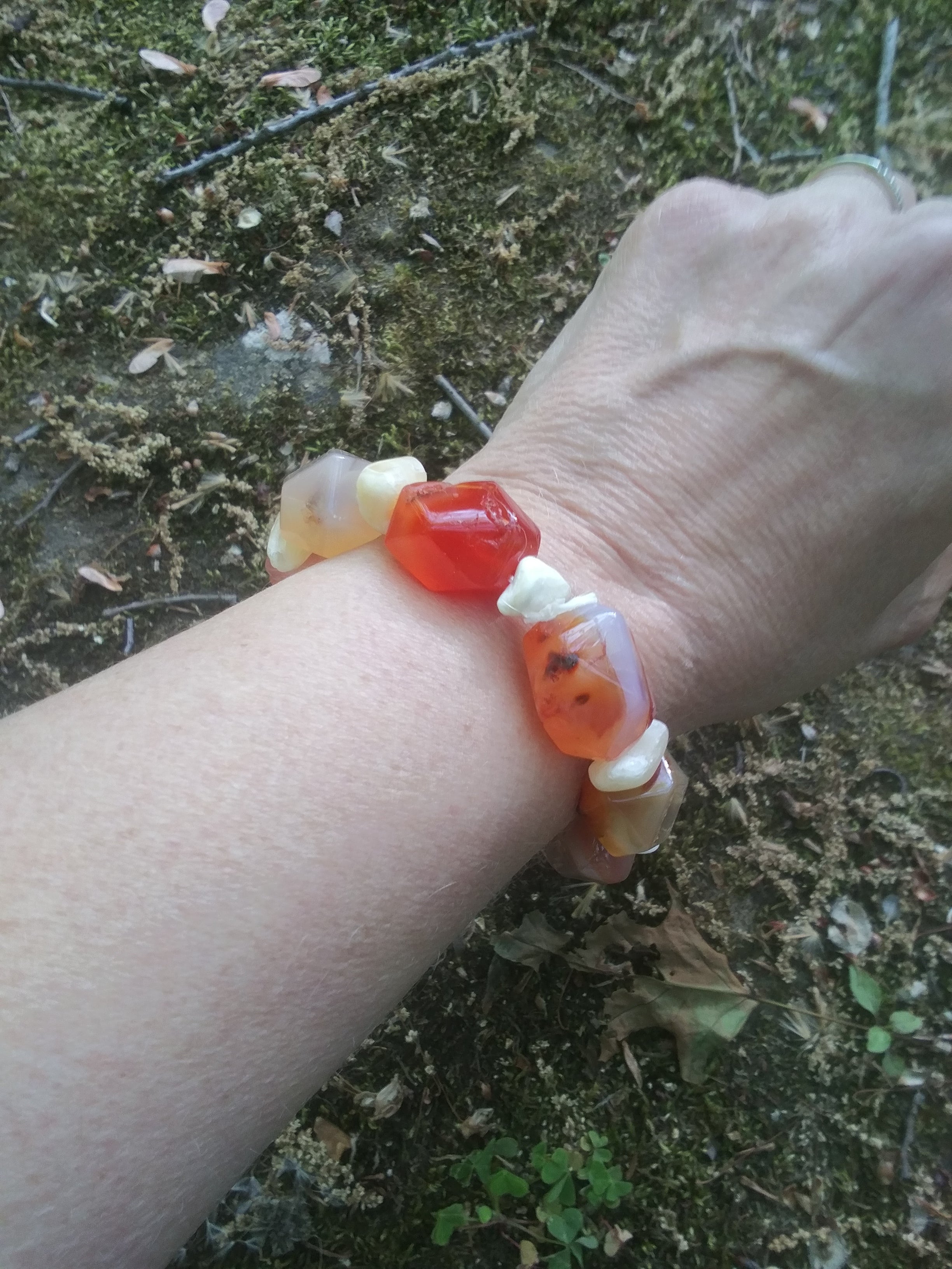 A men's chunky stretch bracelet featuring bold agate and calcite stones. Earthy and rugged, perfect for adding a unique touch to any outfit.