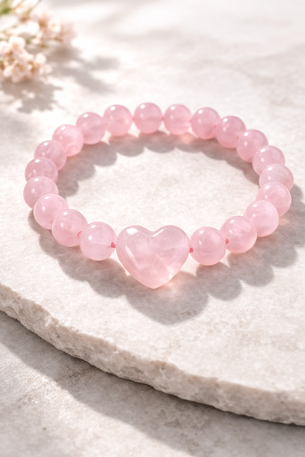 Pink beaded bracelet with a heart-shaped charm on a light stone surface.