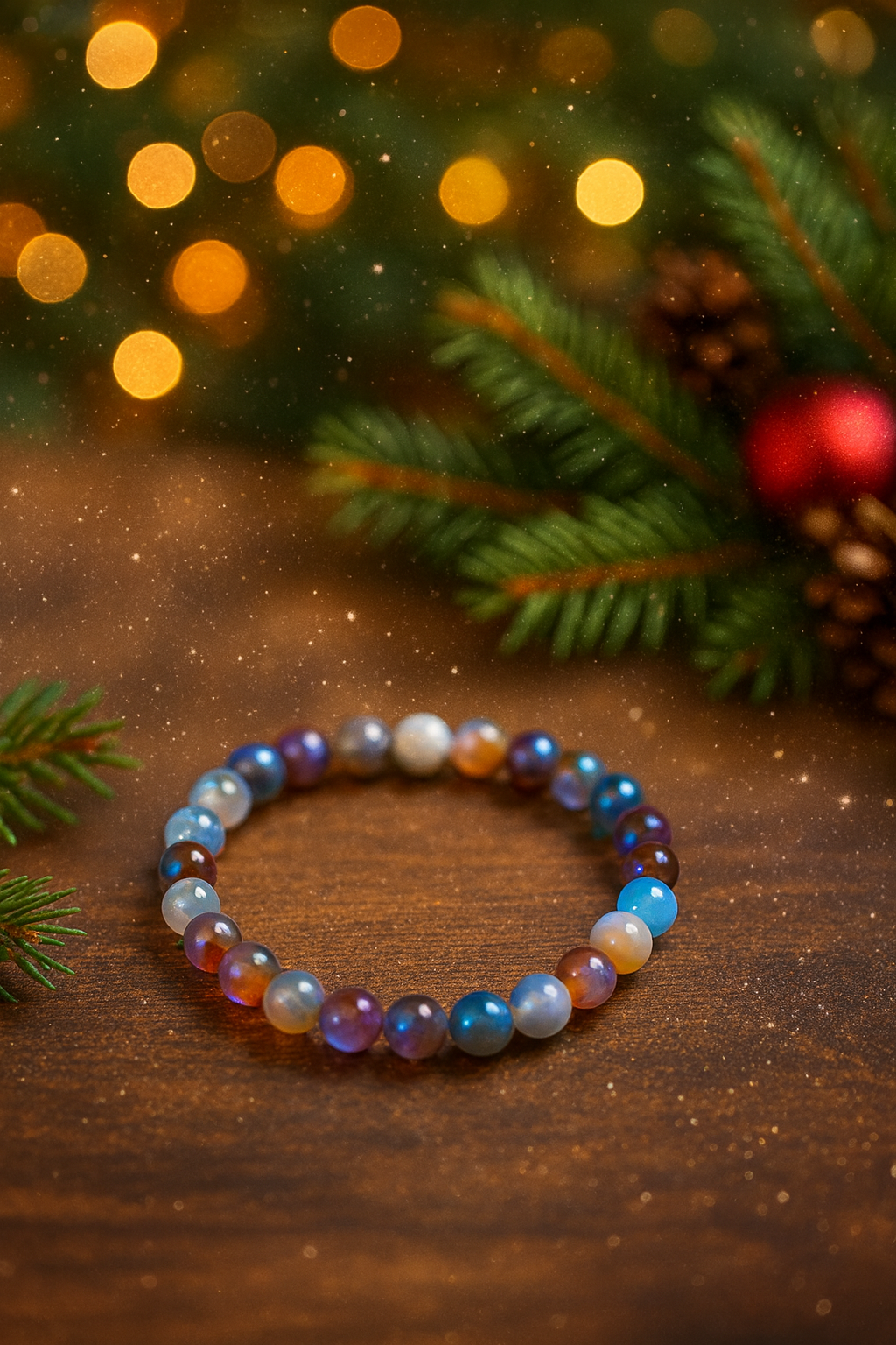 Multicolored beaded bracelet on a wooden surface with Christmas decorations in the background