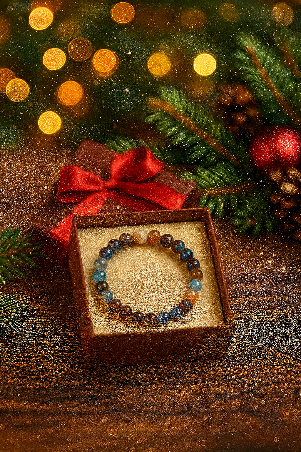 Rainbow agate beaded bracelet displayed in a gift box with a Christmas background, evergreen branches, and warm holiday lights.