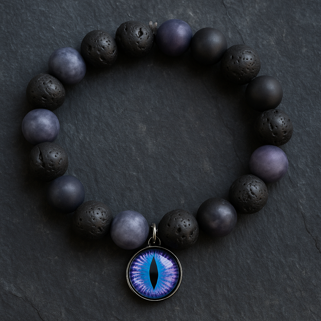 Mystic Gaze – Black Lava & Eye Charm Bracelet