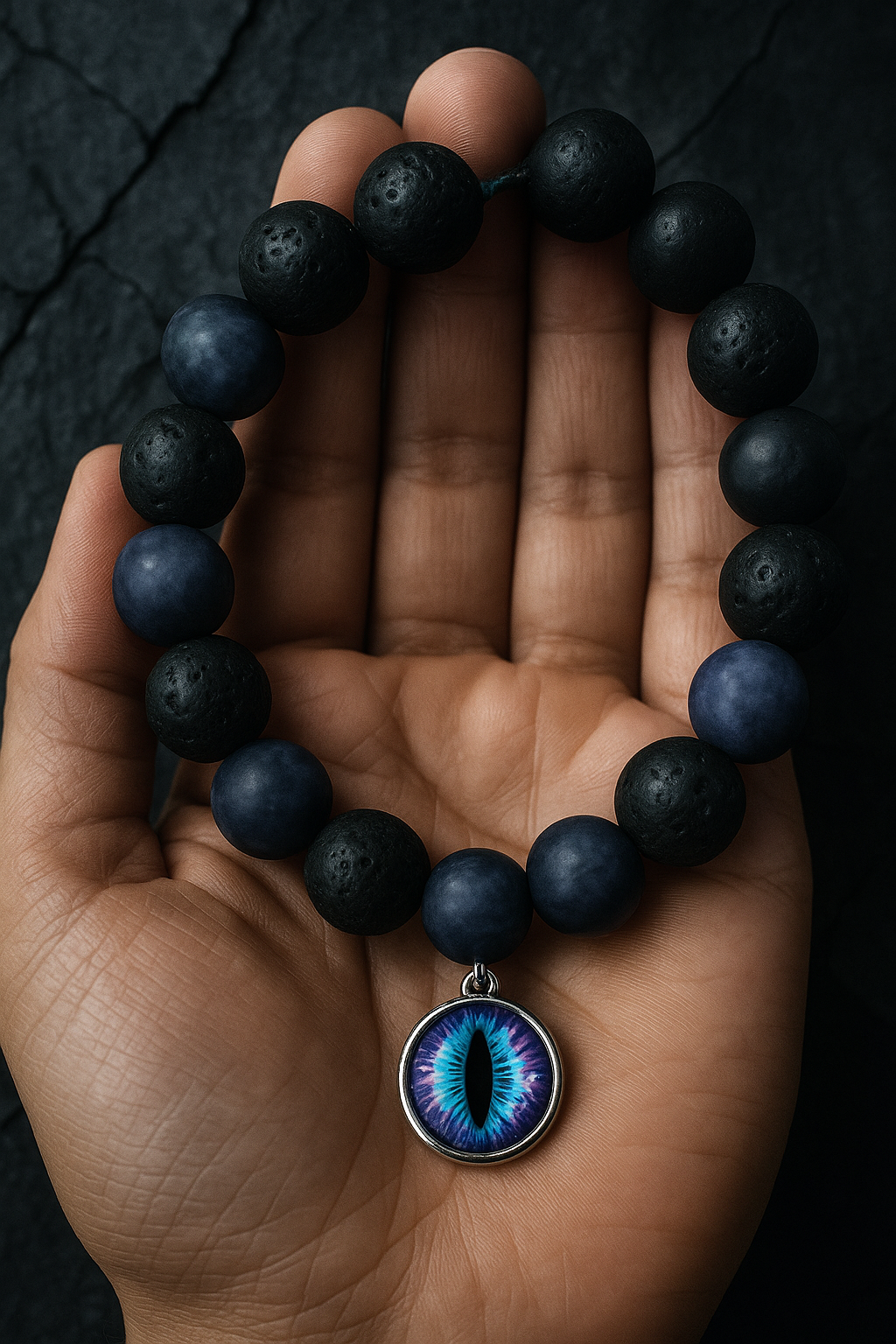 Mystic Gaze – Black Lava & Eye Charm Bracelet