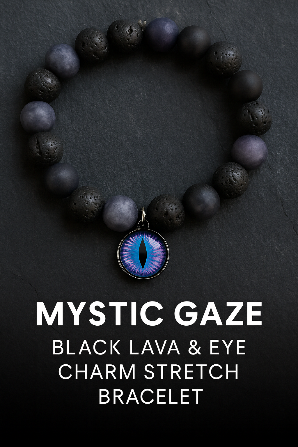 Mystic Gaze – Black Lava & Eye Charm Bracelet