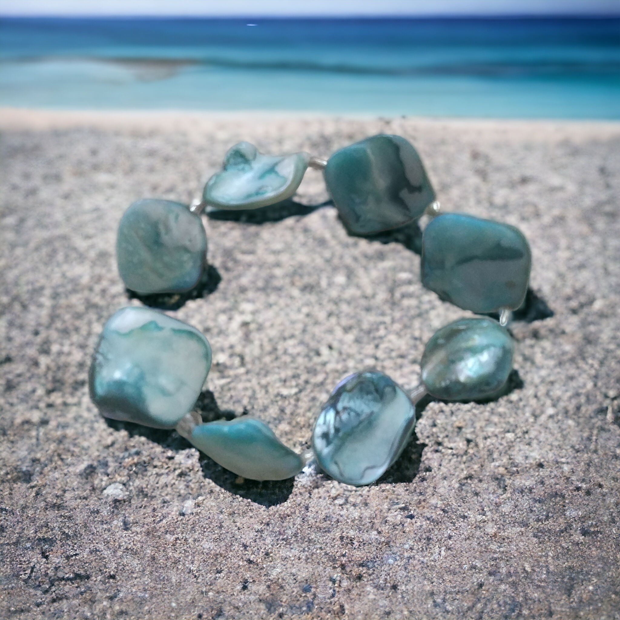 Handcrafted Blue Mother of Shell Pearl Stretch Bracelet – Elegant & Comfortable Jewelry